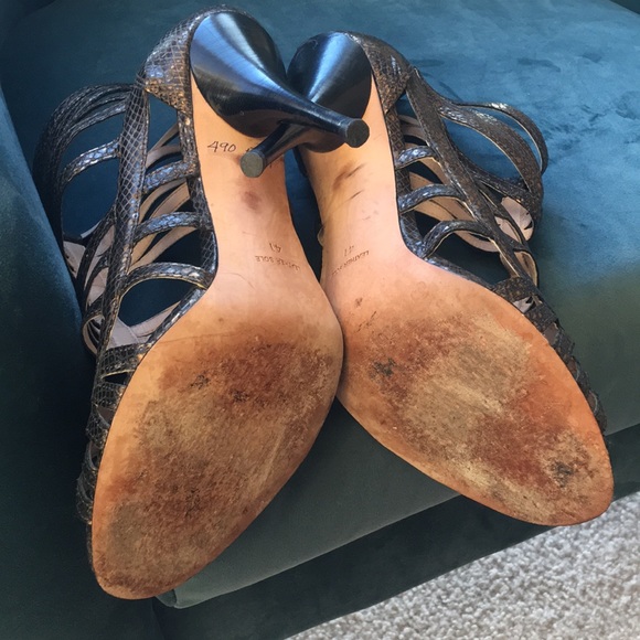 Bronze snakeskin strappy peep toe with zip heel. - Picture 3 of 5